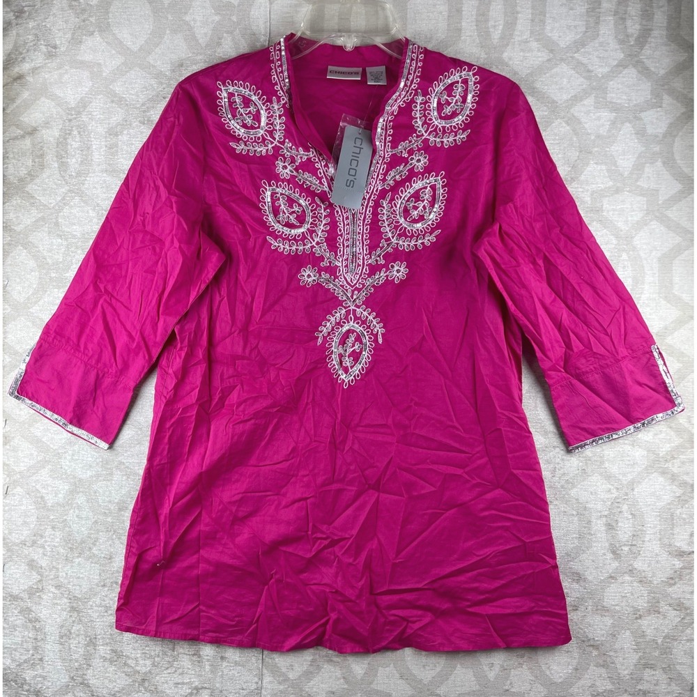 Chico's Rumor Tunic Women Size 1 Medium Pink Sequin Embroidered Cotton Top New